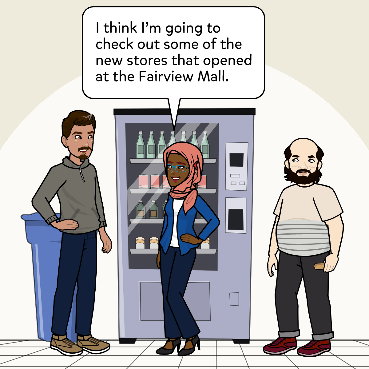Teachers standing around a food vending machine